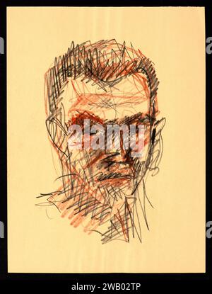 Schwarzes Bleistiftporträt eines Mannes. Schnelle Skizze auf gelbem Papier. Studio-Skizzenstudie zum Malen. Stockfoto