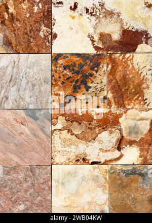 Alte Natursteinmauer aus kleinen quadratischen Teilen aus Marmor-Granit. Hintergrund oder Textur für Inneneinrichtung oder Design. Stockfoto