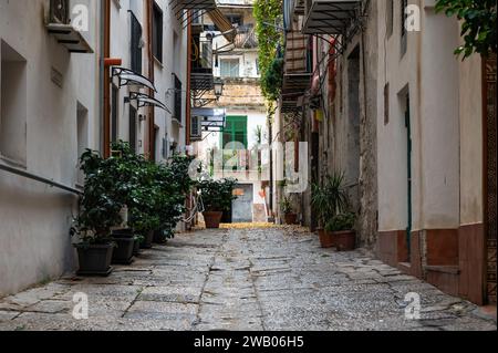 Palermo, Sizilien, Italien, 15. Dezember 2023 - geringer Blick über die enge Kopfsteinpflasterallee Stockfoto