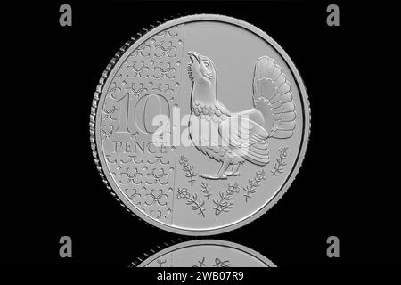 Die Auerhahn-10-Pence-Münze aus dem Definitive Annual Coin Set 2024 mit dem ersten Münzporträt von König Karl III. Von Martin Jennings Stockfoto