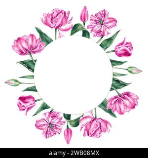 Aquarellpinke Tulpenrahmen auf weißem Hintergrund. Handgezeichnete Tulpen. Rahmen aus rosafarbenen Tulpen zur Dekoration von Karten, Blumensträußen, Textilien, Stoffen usw. Stockfoto