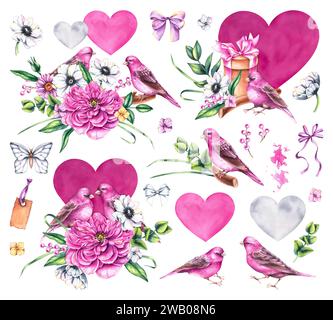 Aquarell Valentinstag mit Blumensträußen, Vögeln und Blumen auf weiß. Handgezeichnete Blumen, Vögel und Herzen für die Gestaltung von g Stockfoto