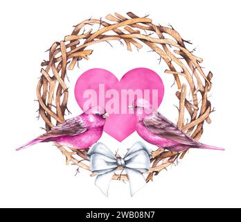 Valentinstag-Kranz mit Vögeln und Bogen isoliert auf weiß. Gezeichnete Vögel und Herzen für die Gestaltung von Geschenken, Karten, Einladungen usw. Stockfoto