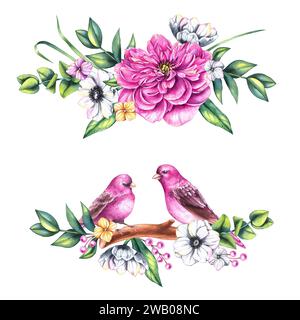 Aquarell Valentinskranz mit Blumensträußen, Vögeln und Blumen isoliert auf weiß. Handgezeichnete Blumen, Vögel und Herzen für das Design o Stockfoto