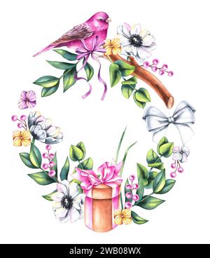 Aquarell Valentinskranz mit Blumensträußen, Vögeln und Blumen isoliert auf weiß. Handgezeichnete Blumen, Vögel und Herzen für das Design o Stockfoto