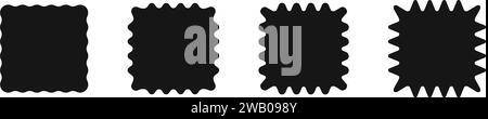 Satz schwarzer Quadrate mit welligen Kanten. Tags, Etiketten, Aufkleber, Abzeichen, Stempel rechteckige Formen mit kurvigen Rändern isoliert auf weißem Hintergrund. Vektorgrafik Stock Vektor