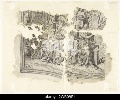 Links unter der Ecke eines Abdrucks der Szene von Cebes, Philips Galle, nach Frans Floris (I), 1561 - 1596 Druck Allegory über die Heilstraße des Menschen. Leben als Stadt mit drei ummauerten Stätten, mit einem Tempel in der Mitte. Am äußeren Tor warten die Seelen der Kinder, bereit für den Eintritt in das Erwachsenenleben. Vor dem Betreten bekommen sie etwas zu trinken aus Versuchung (verführerische Versuchung), was sie unwissend macht. Der erste ummauerte Ort zeigt alle Arten von Transfers und Ablenkungen, wie Vorurteile (Meinung), Begehren (Cupiduas), Zweifel (Fehler) und Unwissenheit (Ignorantia). Sie verhindern, dass die Jugendliche Person von der Feder kommt Stockfoto