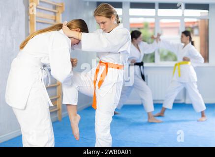 Paarungskurse in Judo oder Jiu Jitsu – zwei Teenager-Mädchen üben das Greifen und Werfen auf Sportmatten Stockfoto