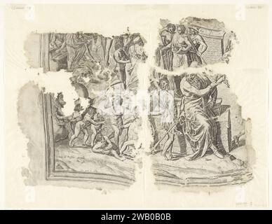 Links unter der Ecke eines Abdrucks der Szene von Cebes, Philips Galle, nach Frans Floris (I), 1561 - 1596 Druck Allegory über die Heilstraße des Menschen. Leben als Stadt mit drei ummauerten Stätten, mit einem Tempel in der Mitte. Am äußeren Tor warten die Seelen der Kinder, bereit für den Eintritt in das Erwachsenenleben. Vor dem Betreten bekommen sie etwas zu trinken aus Versuchung (verführerische Versuchung), was sie unwissend macht. Der erste ummauerte Ort zeigt alle Arten von Transfers und Ablenkungen, wie Vorurteile (Meinung), Begehren (Cupiduas), Zweifel (Fehler) und Unwissenheit (Ignorantia). Sie verhindern, dass die Jugendliche Person von der Feder kommt Stockfoto
