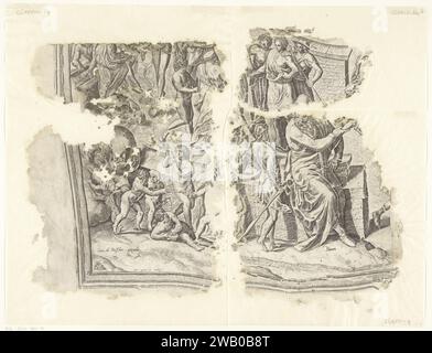 Links unter der Ecke eines Abdrucks der Szene von Cebes, Philips Galle, nach Frans Floris (I), 1561 - 1596 Druck Allegory über die Heilstraße des Menschen. Leben als Stadt mit drei ummauerten Stätten, mit einem Tempel in der Mitte. Am äußeren Tor warten die Seelen der Kinder, bereit für den Eintritt in das Erwachsenenleben. Vor dem Betreten bekommen sie etwas zu trinken aus Versuchung (verführerische Versuchung), was sie unwissend macht. Der erste ummauerte Ort zeigt alle Arten von Transfers und Ablenkungen, wie Vorurteile (Meinung), Begehren (Cupiduas), Zweifel (Fehler) und Unwissenheit (Ignorantia). Sie verhindern, dass die Jugendliche Person von der Feder kommt Stockfoto