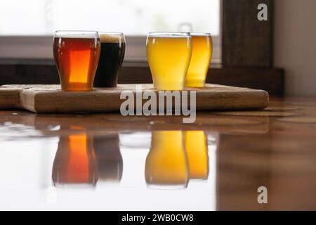 Kleine, gekrümmte, Tulpenförmige Probenteller verschiedener Biere mit Schaum auf der Oberseite. Die Proben sind Stout, Red Ale, Pale Ale und IPA-Bier. Stockfoto