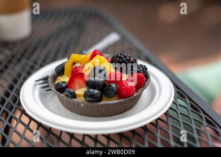 Eine mit Früchten gefüllte Pudding-Torte. Der Belag besteht aus Himbeeren, Heidelbeeren, Erdbeeren und Kiwi auf einer Mandelkruste. Im Nachtisch ist eine kleine Gabel Stockfoto