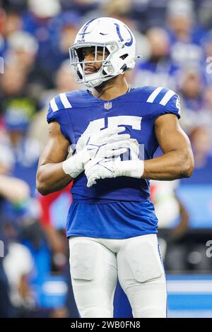 6. Januar 2024: Indianapolis Colts Linebacker E.J. Speed (45) im Lucas Oil Stadium in Indianapolis, Indiana. John Mersits/CSM. Stockfoto