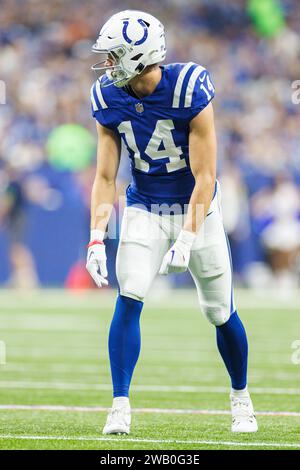 6. Januar 2024: Indianapolis Colts Wide Receiver Alec Pierce (14) während der NFL-Action gegen die Houston Texans im Lucas Oil Stadium in Indianapolis, Indiana. John Mersits/CSM. Stockfoto