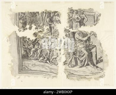 Links unter der Ecke eines Abdrucks der Szene von Cebes, Philips Galle, nach Frans Floris (I), 1561 - 1596 Druck Allegory über die Heilstraße des Menschen. Leben als Stadt mit drei ummauerten Stätten, mit einem Tempel in der Mitte. Am äußeren Tor warten die Seelen der Kinder, bereit für den Eintritt in das Erwachsenenleben. Vor dem Betreten bekommen sie etwas zu trinken aus Versuchung (verführerische Versuchung), was sie unwissend macht. Der erste ummauerte Ort zeigt alle Arten von Transfers und Ablenkungen, wie Vorurteile (Meinung), Begehren (Cupiduas), Zweifel (Fehler) und Unwissenheit (Ignorantia). Sie verhindern, dass die Jugendliche Person von der Feder kommt Stockfoto