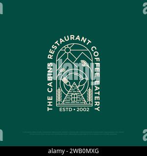 Das Hüttenrestaurant-Logo-Design, Natur-Outdoor-Café-Vektor-Illustration mit Umrissstil Stock Vektor