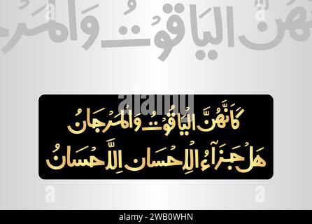 Arabische Kalligraphie, Verse Nr. 58 und 60 aus dem Kapitel 'AR Rahman 55' des edlen Koran. Übersetzung: "Diese Mädchen werden wie Rubine und Korallen sein." Stock Vektor