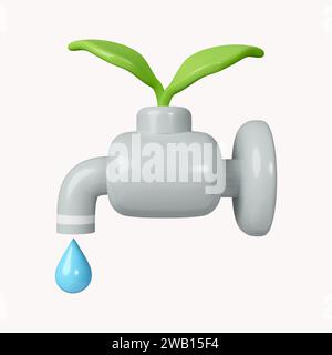 3D-Wassertropfen aus dem Wasserhahn mit Wort Save the Water Concept. Symbol isoliert auf weißem Hintergrund. 3D-Darstellung. Beschneidungspfad. Stockfoto