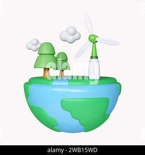 3D Globe Baum und Windmühle. Konzept des Icons „Earth Day Save World Environment“. Symbol isoliert auf weißem Hintergrund. 3D-Darstellung. Beschneidungspfad Stockfoto