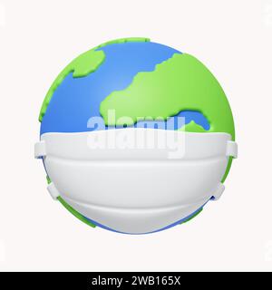 3D-Erde mit chirurgischer Maske. GLOBE verschmutztes Konzept. Symbol isoliert auf weißem Hintergrund. 3D-Darstellung. Beschneidungspfad. Stockfoto