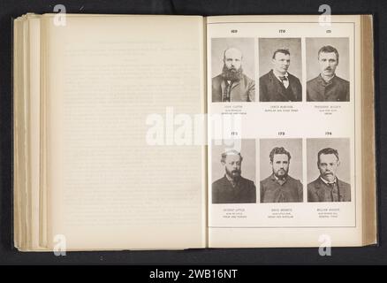 Sechs Porträts von Einbrechern und Betrügern, anonym, um 1881 - in oder vor 1886 fotomechanischer Druck oben links John Curtin, oben rechts James McMahon, oben rechts Theodore Wildey, unten links George Little, mitten in David Moeney, unterhalb William Wright. Boston Papier Kollotypfälscher. Einbrecher, Hausbrecher. Historische Personen, die nicht namentlich bekannt sind (+ (Vollporträt) Stockfoto