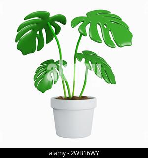 3D-Monstera im Pflanztopf. Tropische Pflanze für die Inneneinrichtung des Hauses. Symbol isoliert auf weißem Hintergrund. 3D-Darstellung. Beschneidungspfad. Stockfoto