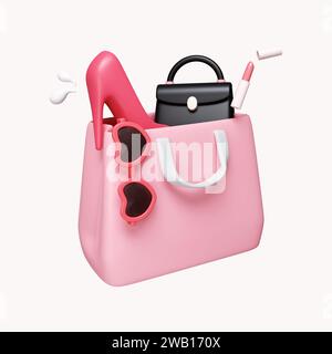 3D-Einkaufstasche mit High Heels, Kosmetik, Sonnenbrille und Handtasche. Online-Shopping-Konzept. Symbol isoliert auf weißem Hintergrund. 3D-Rendering Stockfoto