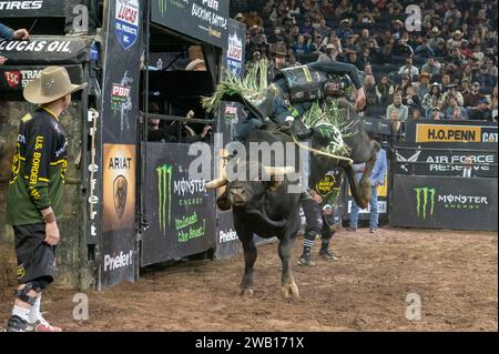 New York, Usa. Januar 2024. NEW YORK, NEW YORK – 07. JANUAR: Boudreaux Campbell reitet Flatliner während der dritten Runde der Professional Bull Riders 2024, die am 7. Januar 2024 in New York City im Madison Square Garden startet. Quelle: Ron Adar/Alamy Live News Stockfoto