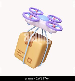 3D-Lieferdrohne fliegt mit Pappkarton. expressversand. Symbol isoliert auf weißem Hintergrund. 3D-Darstellung. Beschneidungspfad. Stockfoto