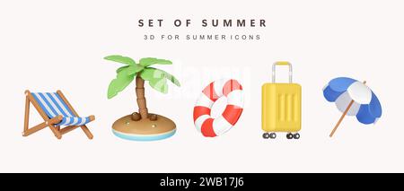 3D-Set mit Sommer-Symbol für Sommerurlaub-Konzept. Symbol isoliert auf weißem Hintergrund. 3D-Darstellung. Beschneidungspfad. Stockfoto