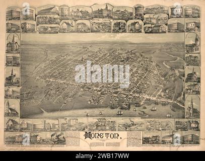 Alte illustrierte Karte der Stadt Moncton, New Brunswick, Kanada 1888. Einsätze zeigen prominente Gebäude, Unternehmen und Wohnhäuser. Stockfoto