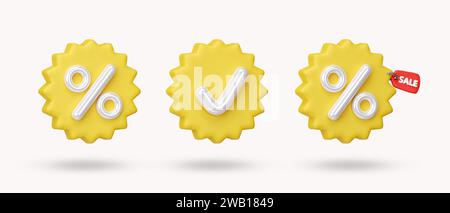 3D-Satz gelber Gutscheinrabatt für Online-Shopping-Konzept. Symbol isoliert auf weißem Hintergrund. 3D-Darstellung. Beschneidungspfad. Stockfoto