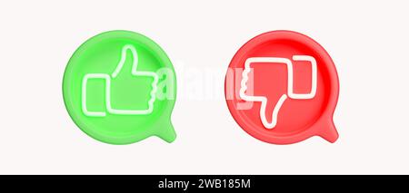 3D-Neon-Taste gefällt mir und nicht. Satz verschiedener Gestensymbole. Feedback über soziale Medien. Symbol isoliert auf weißem Hintergrund. 3D-Darstellung Stockfoto