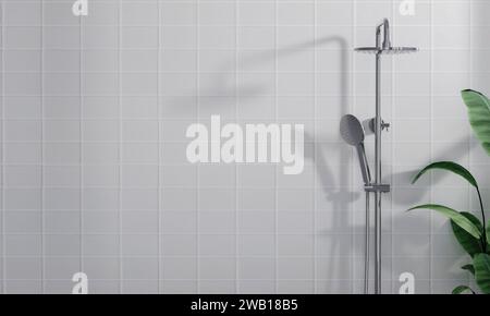 3D-Rendering modernes Design Regenduschsystem Wasserhahn auf leerer weißer, sauberer Marmorwand in einem Badezimmer mit tropischen Pflanzen, Morgensonne, wunderschön Stockfoto