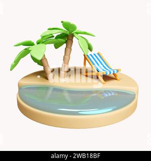 3D Kokospalmen auf Strandsand, Sommerurlaubskonzept. Sommerurlaub und Urlaubskonzept. Symbol isoliert auf weißem Hintergrund. 3D-Rendering Stockfoto