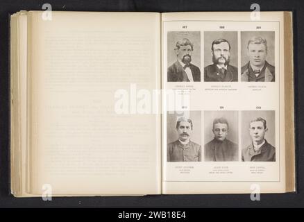 Sechs Porträts von Betrügern und Einbrechern, anonym, um 1881 - in oder vor 1886 fotomechanischer Druck oben links von Emanuel Marks, in der Mitte von Charley Bennett, oben rechts Herman Palmer, unten links Henry Hoffman, in der Mitte von Julius Klein, unter John Carroll. Bostoner Papierkollotypen-Einbrecher, Hausbrecher. Fälscher. Historische Personen, die nicht namentlich bekannt sind (+ (Vollporträt) Stockfoto