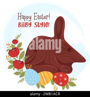 Süßes Schokoladen-bilby mit Ostereiern und Blumen und Begrüßung. Vektorabbildung. Farbenfrohe osterkarte mit australischem Tiersymbol. Stock Vektor