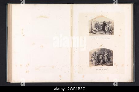 Fotoproduktionen von Druckgrafiken bis Fresken mit Darstellungen von Engelens Besuch bei Abraham und Losen Flucht aus Sodom von Rafaël für die Loggien im Vatikan, Gustav Schauer, nach Anonym, nach Rafaël, um 1851 - in oder vor 1861 Foto Berlin fotografischer Trägeralbumendruck Abraham kniet vor den Engeln. Lot, der die Zerstörung der Städte sieht und um seine Sicherheit in Zoar fürchtet, flieht mit seinen Töchtern in eine Höhle in den Bergen. Lots Frau blickt zurück auf die Stadt und wird in eine Salzsäule verwandelt Stockfoto