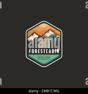 Vintage modernes Outdoor Emblem Logo mit Bergblick und Hütte im Wald auf dunklem Hintergrund Stock Vektor