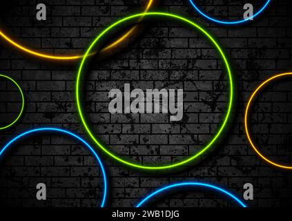Bunte Neonkreise auf grunge Ziegelwand Hintergrund. Vektor-Retro-Design Stock Vektor