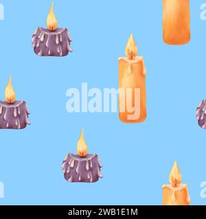 Nahtloses Aquarellmuster. Kerzen, die ein religiöses Thema mit Anklängen an Weihnachten hervorrufen. Blauer Hintergrund von Halloween - orange und lila. Warm Stockfoto