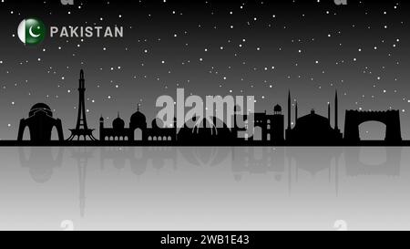 pakistanische Skyline, pakistanische Stadtlandschaft, pakistanische Wolkenkratzer Gebäude Vektor-Silhouette auf schönem Schnee fallender Nachtansicht Hintergrund. Vektor Stock Vektor