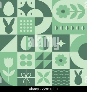 Geometrisches Muster „Happy Easter“. Moderner abstrakter Hintergrund mit grünen einfachen Formen, Häschen und Eiern. Vektorillustration im minimalistischen bauhaus-Stil Stock Vektor