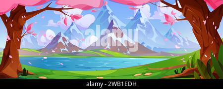 Die Karikaturlandschaft des Frühlings mit rosa blühenden Bäumen am Ufer des Sees oder Flusses am Fuße hoher felsiger Berge unter blauem Himmel mit Wolken. Vektorlandschaft mit Kirsch- oder Sakura-Blüten in der Nähe von Teich und Hügeln. Stock Vektor