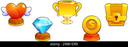 Kelchtrophäe in verschiedenen Formen auf dem Ständer für das Design der spieloberfläche. Cartoon Vektor Illustration Set des Siegerpreises und des Preises der goldenen Tasse und Münze, Brust und blauen Diamanten, rotes Herz mit Flügeln. Stock Vektor