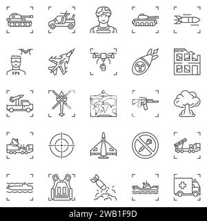 Kriegs-Umrisssymbole Set - militärische Vektorkonzepte. Army Linear Signs Kollektion Stock Vektor