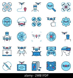 Farbige Symbole der FPV-Drohne gesetzt. Drohnen- und Quadcopter-Konzept kreative Vektorzeichen Stock Vektor