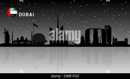 Neue Dubai Skyline, VAE Urban Cityscape, Vereinigte Arabische Emirate Wolkenkratzer Gebäude Vektor Silhouette schöne Schnee fallende Nacht Ansicht Hintergrund. Stock Vektor