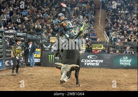 12. Februar 2020, New York, USA: NEW YORK, NEW YORK – 06. JANUAR: Austin Richardson reitet Bangarang während der zweiten Runde der Professional Bull Riders 2024 Unleash the Beast am Madison Square Garden am 6. Januar 2024 in New York City. (Credit Image: © Ron Adar/SOPA Images via ZUMA Press Wire) NUR REDAKTIONELLE VERWENDUNG! Nicht für kommerzielle ZWECKE! Stockfoto