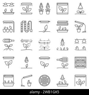 Grow Light Outline Icons Set – LED Phytolamps für Pflanzen Konzept Vektorsymbole. LED-Lampenschilder Stock Vektor